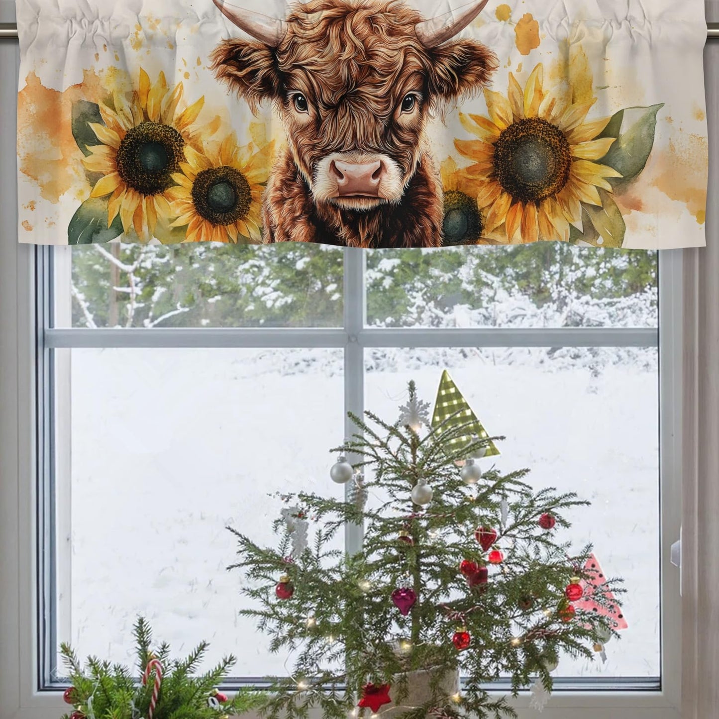 Pynnlts Watercolor Cow Sunflowers Curtains Highland Cow Window Valances Highland Yak Yellow Sunflower Kitchen Valances Farm Animal Rod Pocket Window Treatments for Living Room Bedroom 54x18 in 1 Pack