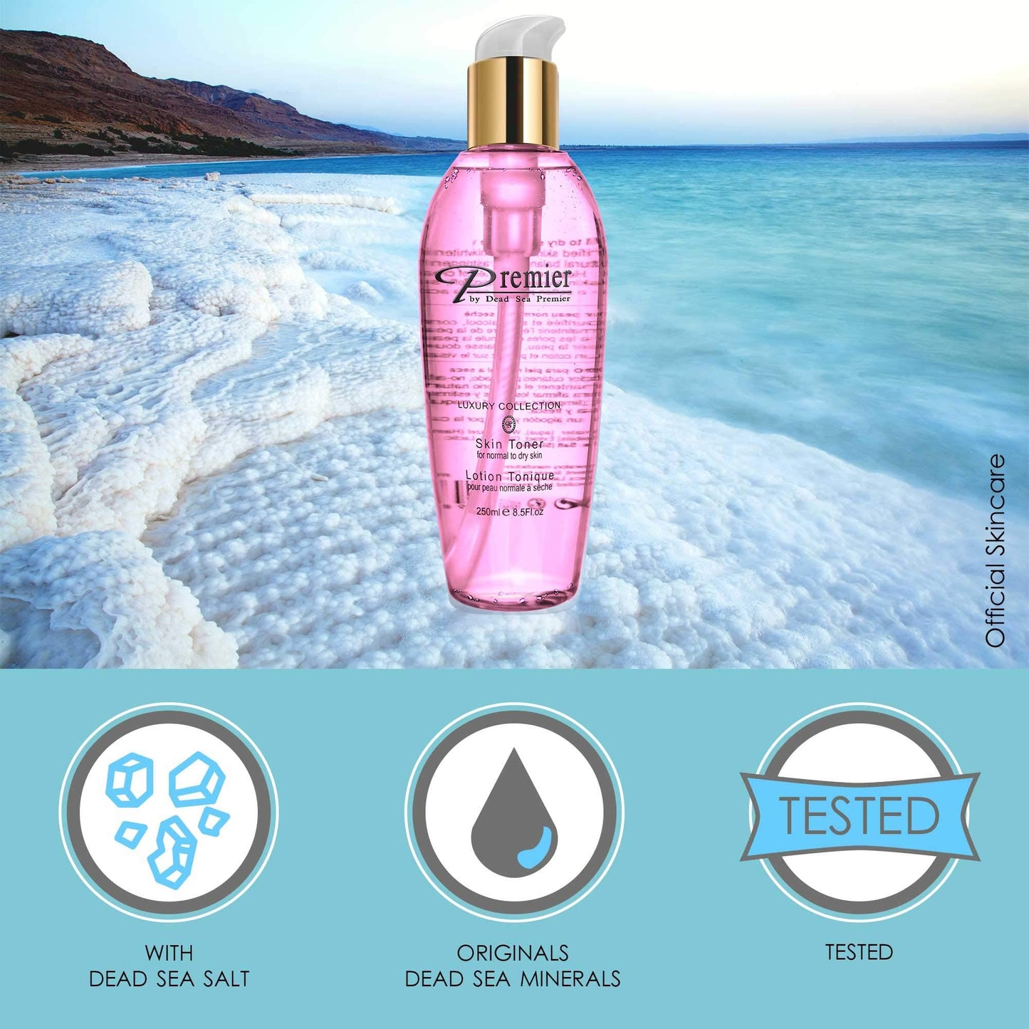 Premier Dead Sea Skin Toner Normal To Oily Skin, pH 5.5 balancing, alcoholic cleanser that is mild and gentle to skin, with natural ingredients of witch hazel and minerals 8.5fl.oz
