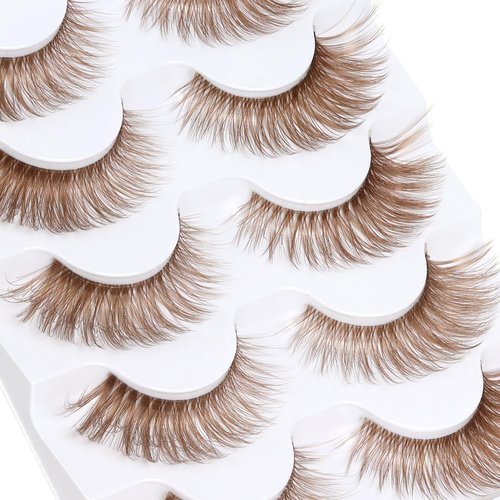 Veleasha Brown Lashes Cat Eye Lashes Wispy Faux Mink Lashes 100% Handmade Natural Look False Eyelashes with Clear Band Lightweight Fluffy False Eyelashes 5 Pairs Pack(Brown04)