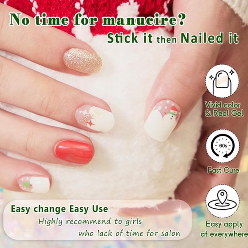 GelMala Gel Nail Strips Winter Design Snow and Snowman Gel Nail Stickers, Long Lasting, Easy to Apply&Remove -Gel Nail Strips for Nails Manicure Nail Wraps，Easy for begginners (Jingle Bells)