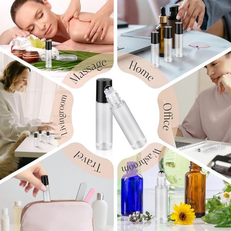 ZEJIA 10ml roller bottles for essential oils, 6 Pack Clear Roll on Bottles, Thick Glass Roller Bottles for Oils, with Stainless Steel Roller Balls, 2 Droppers