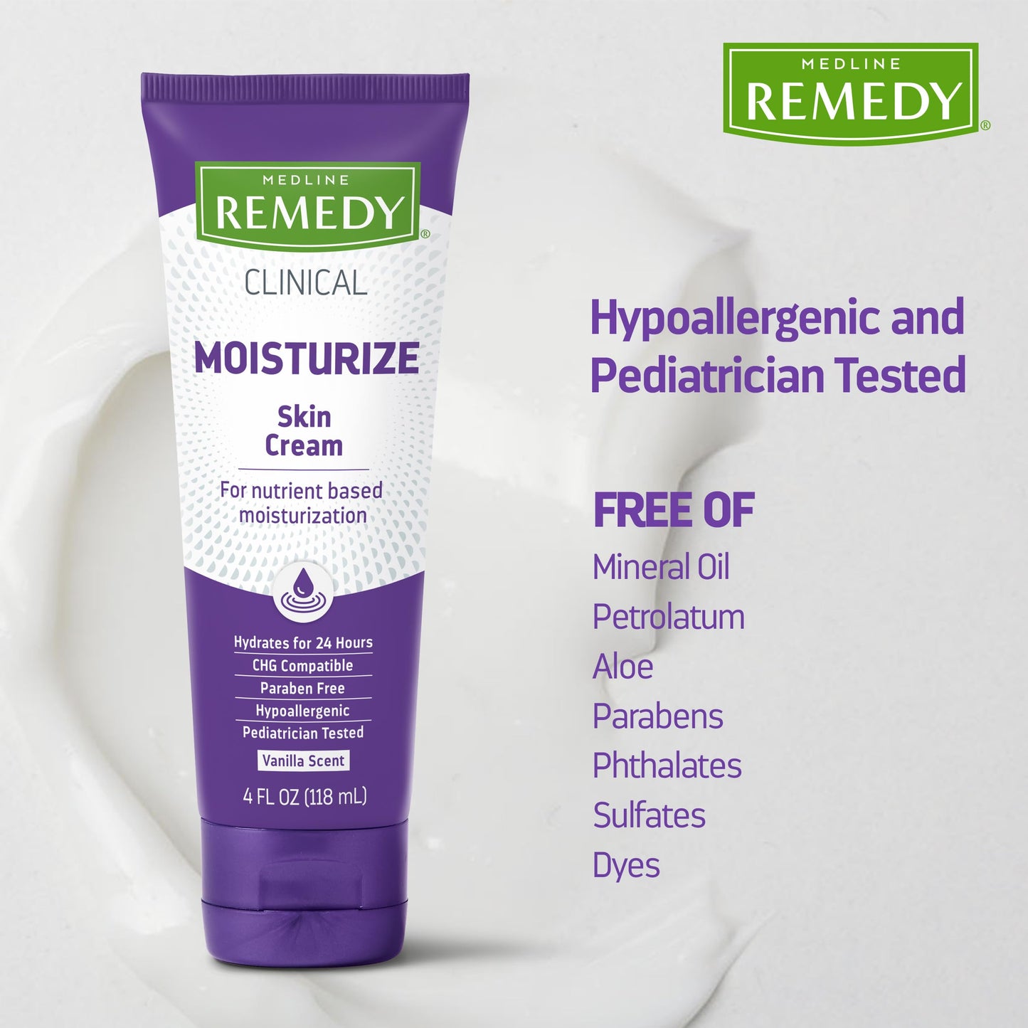 Medline Remedy Clinical Skin Cream, Vanilla Scent (4 fl oz), Moisturizing Face and Body Cream for All Ages, Paraben & Sulfate Free, Quick Absorbent Formula, Hypoallergenic Skin Moisturizer