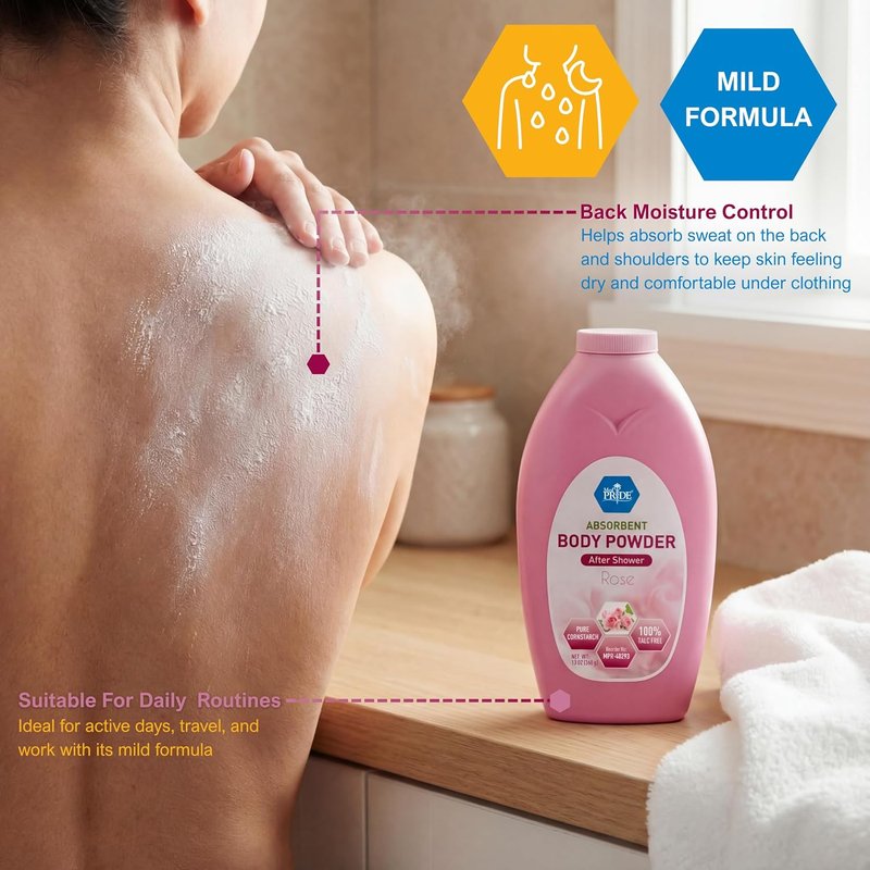 Talc-Free Cornstarch Body Powder - Moisture Absorbing Rose Scent | 13 Oz Bottle for Daily Freshness