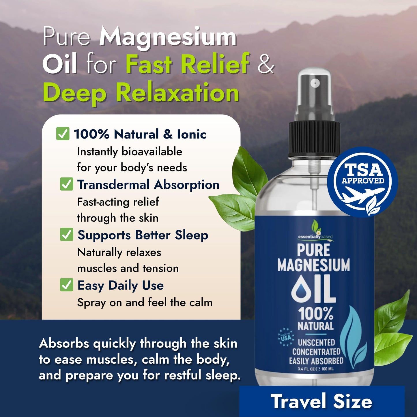 Pure Magnesium Oil Spray 3.4oz Travel Size - Topical Magnesium Spray for Sleep & Feet - Extra Strength - USP Grade - 100% Natural and Organic Oil for Muscle Pain & Cramps - TSA Approved - Made in USA