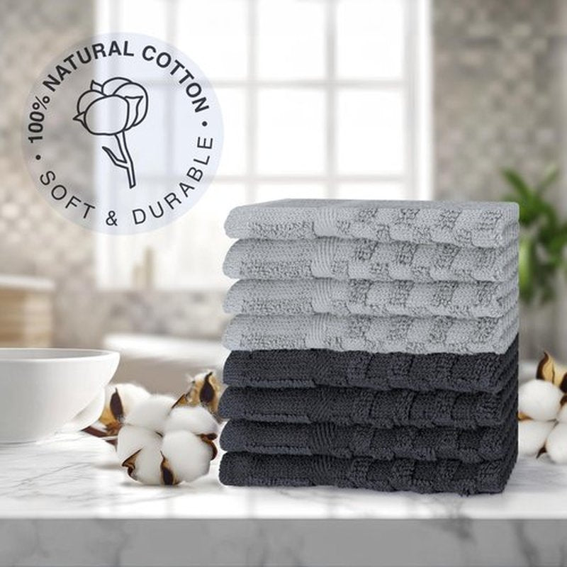 DecorRack 8 Pack 100% Cotton Wash Cloth, Luxurious Soft, 12 x 12 inch Ultra Absorbent Jacquard Towels, Machine Washable Washcloths, Gray Set (8 Pack)