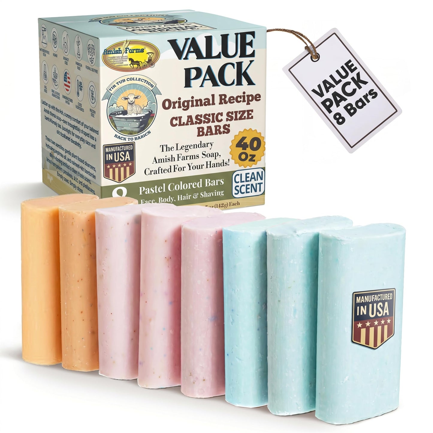 Amish Farms Soap 8-Bar Value Pack – Easy-Grip Hydrating Bars (5 oz Each, 2.5 lb) USA Made for Sensitive Skin - Clean Scent, Original Recipe – Tin Tub Collection