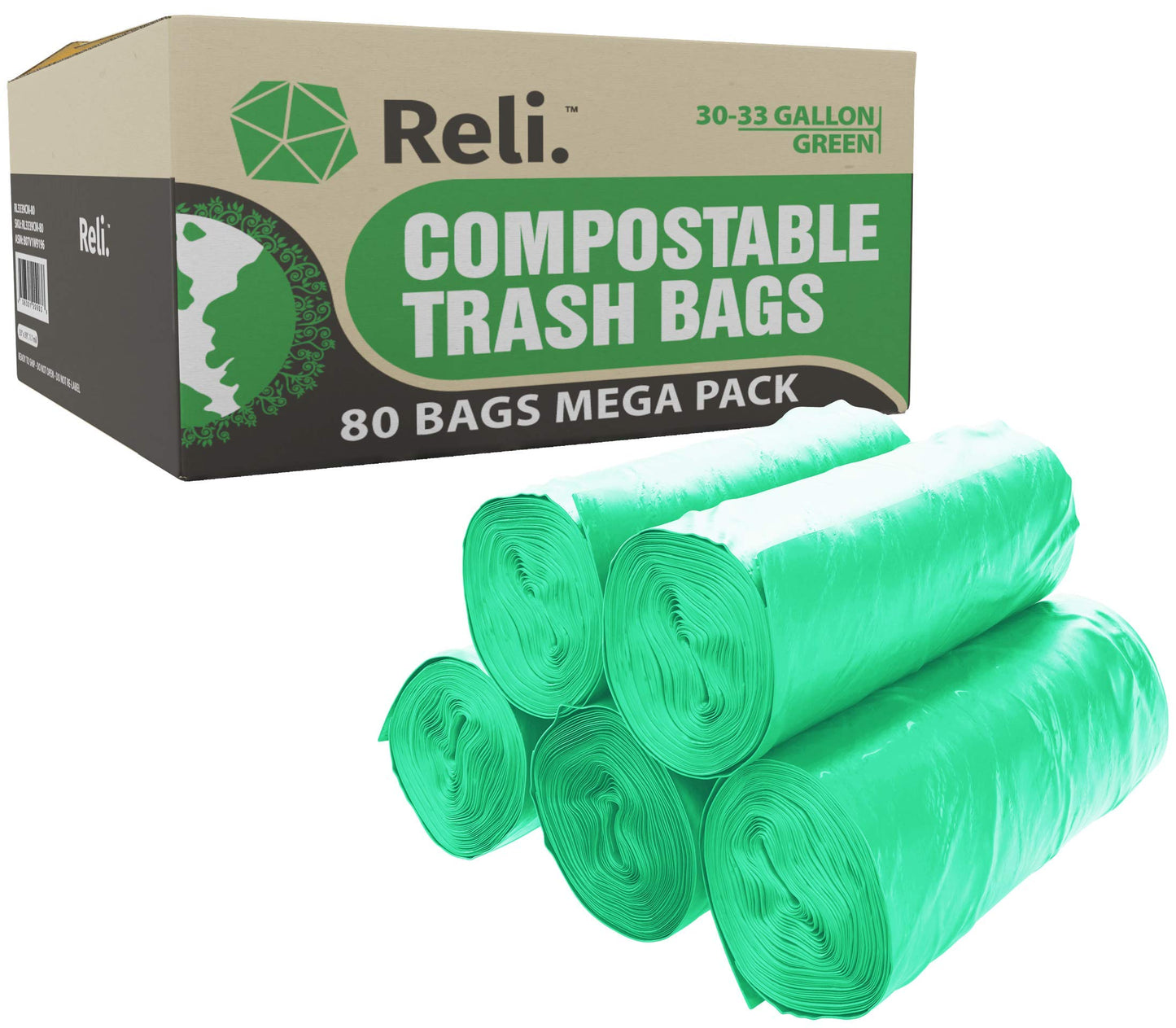 Reli. Compostable 33 Gallon Trash Bags | 80 Count Bulk | ASTM D6400 | Green | Eco-Friendly | For Compost