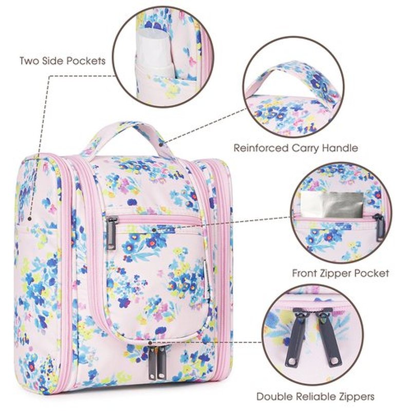 Narwey Small Hanging Travel Toiletry Bag Cosmetic Make up Organizer for Women and Men (Medium, Pink Flower)