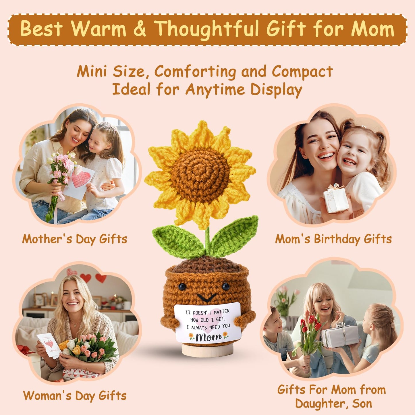 OEAGO Gifts for Mom Mothers Day: from Daughter Son Kids Mini Gifts for Mom Mama Handmade Crochet Cute Small Sunflowe Doll Gift with Base Birthday Present Idea for Mother Knitted Decor 6.69 x 2.75inch