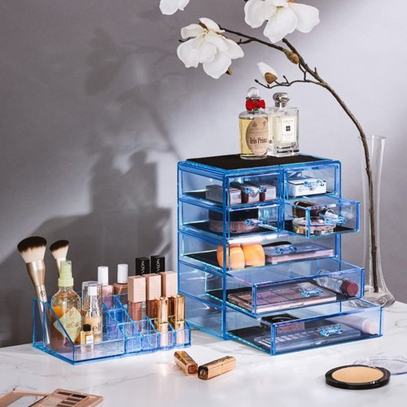 Sorbus Clear Cosmetic Makeup Organizer - Make Up & Jewelry Storage, Case & Display - Spacious Design - Great for Dresser, Bathroom, Vanity & Countertop (3 Large, 4 Small Drawers) [Blue Brilliance]