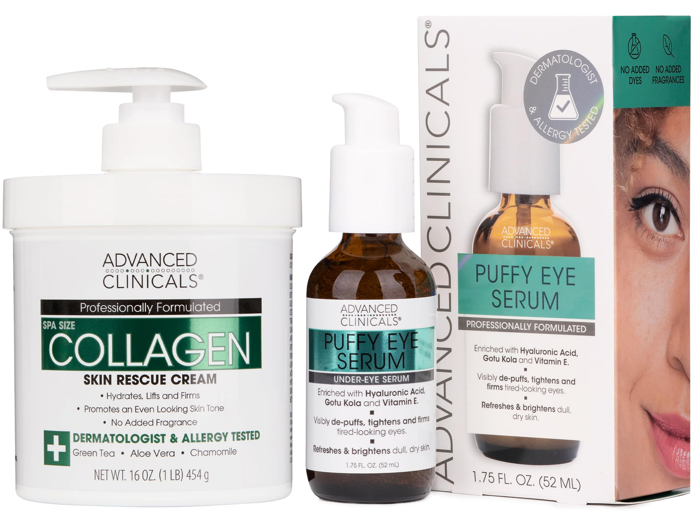 Advanced Clinicals Collagen Cream + Puffy Eye Face Serum 2pc Set | Collagen Body Lotion & Brightening Under Eye Serum | Fragrance Free | Skin Care Products, 2pc Bundle