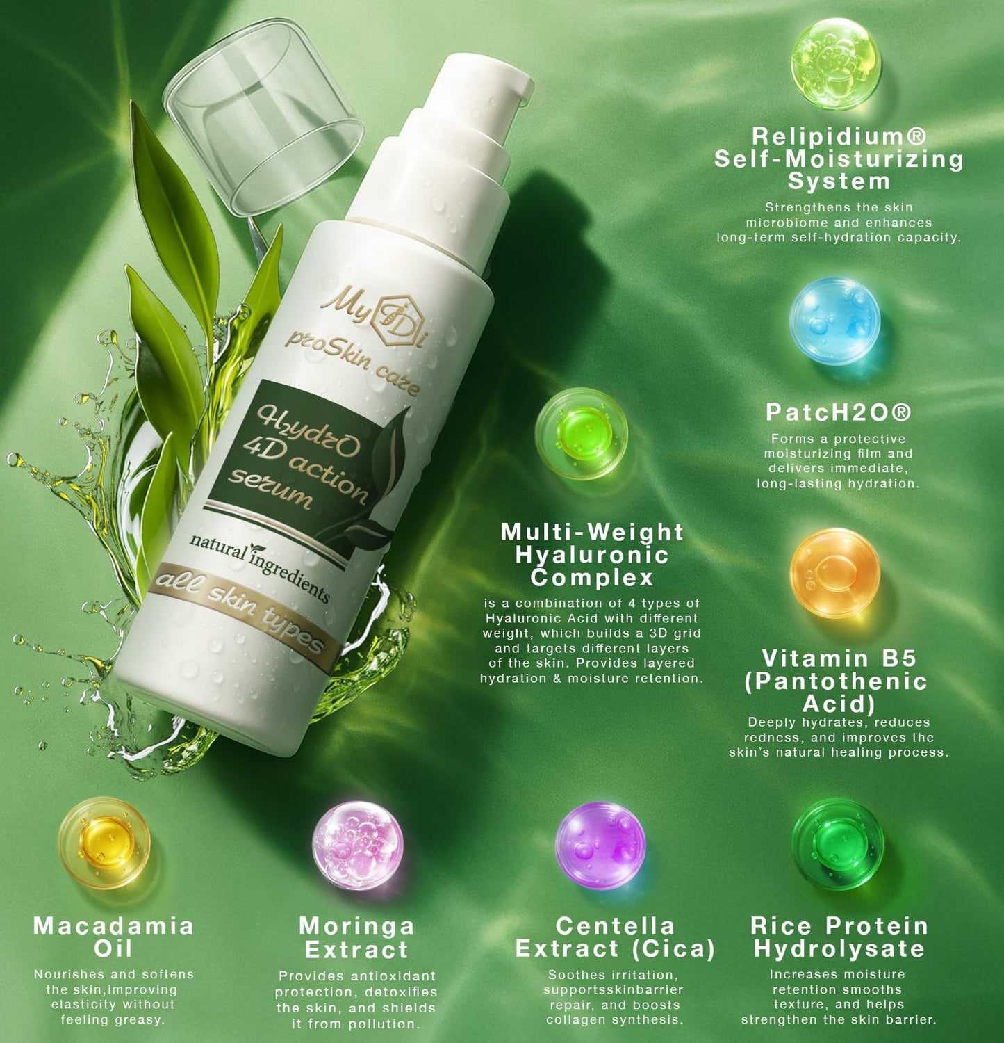 MyIDi HydrO 4D Hyaluronic Acid Serum for Face – 4 Molecular Weight HA Complex Targeting Multiple Skin Layers – Plumping, Hydrating Serum for Dry, Dull, Dehydrated Skin – Vegan – 1 fl oz