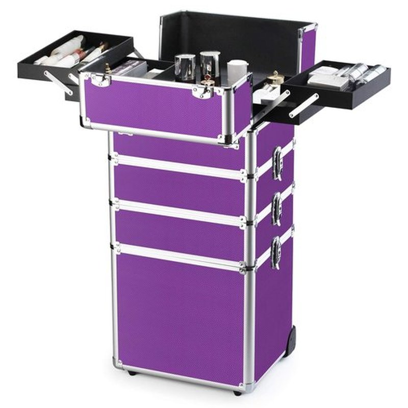 OUDMAY Makeup Case 4 in 1 Professional Cosmetics Rolling Train Organizer with Aluminum Frame and Folding Trays Purple