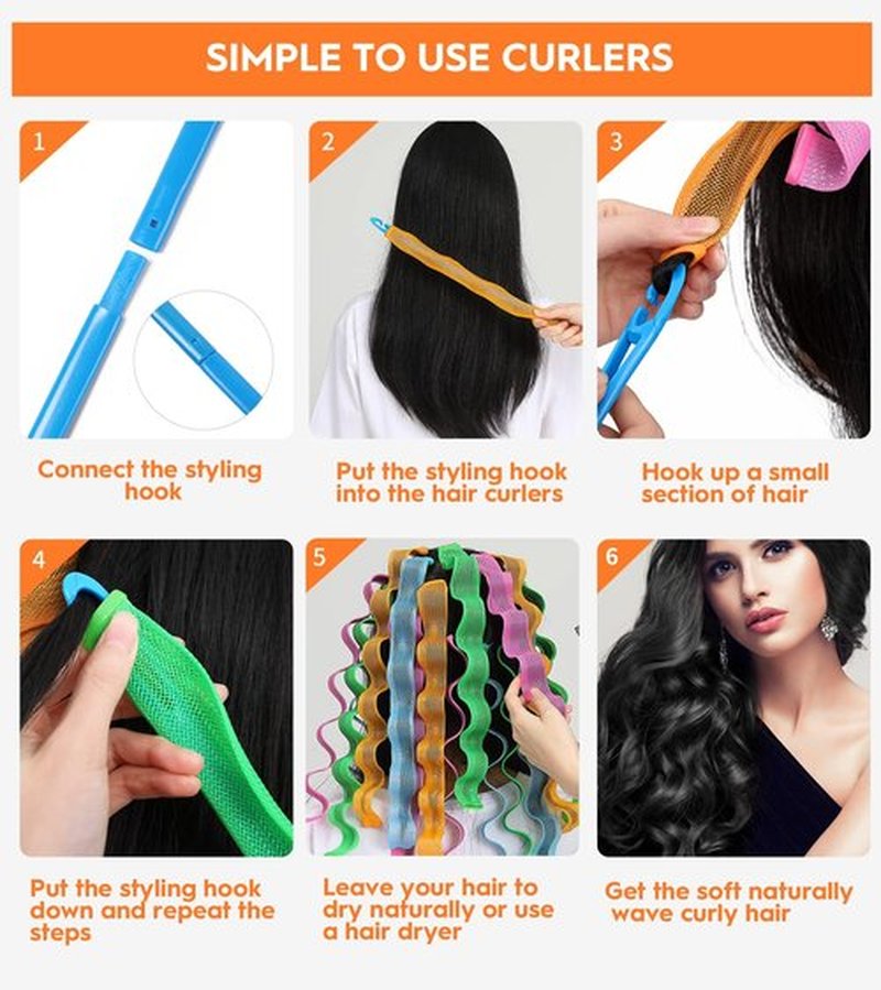 YEVYO 30 Pcs Heatless Hair Curlers Wave Curls Styling Kit with 2 Pcs Styling Hooks, No Heat Hair Curlers Heatless Wave Curlers for Women Girls Long Medium Short Hair (6 Colors, 55 cm/21.65 inch)