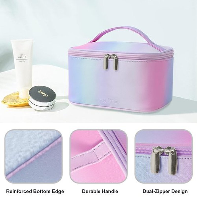 Makeup Bag Portable Travel Cosmetic Bag for Women, Beauty Zipper Makeup Organizer PU Leather Washable Waterproof（Rainbow Pink)