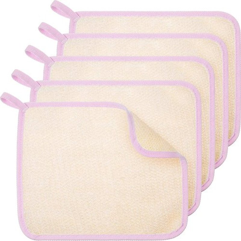 Tatuo 5 Pcs Exfoliating Face and Body Wash Cloths Towel Weave Bath Cloth Exfoliating Scrub Cloth Massage Bath Cloth for Women and Men, 10.63 x 9.05 Inch (Pink Edge)