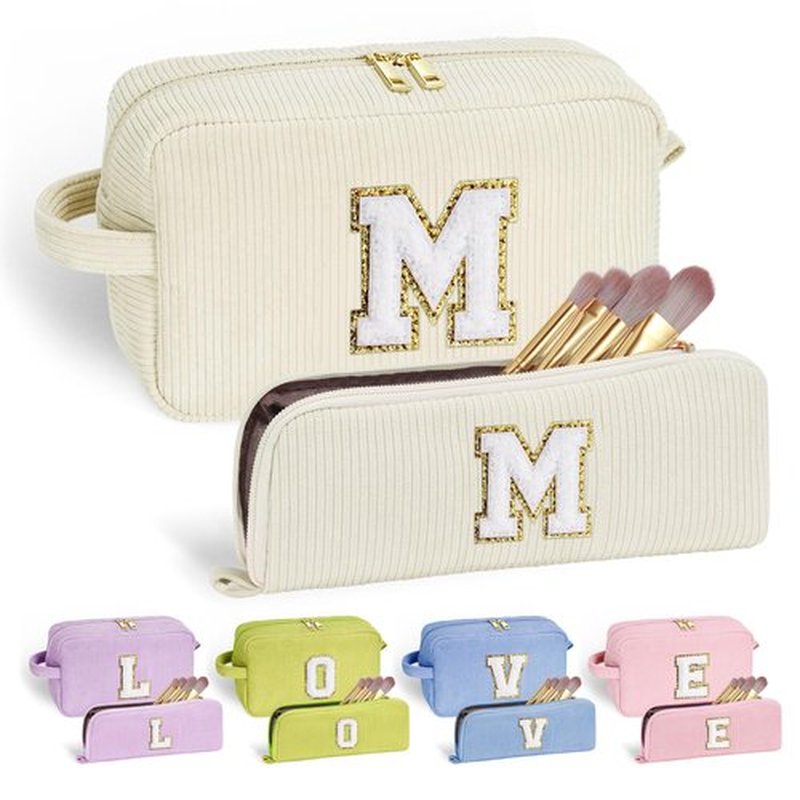 YOOLIFE Girls Gifts Travel Makeup Bag - White Makeup Bag Cosmetic Bags for Women Corduroy Cute Makeup Bag Stocking Stuffers for Teens Personalized Best Friend Birthday Gifts for Women Her Letter M