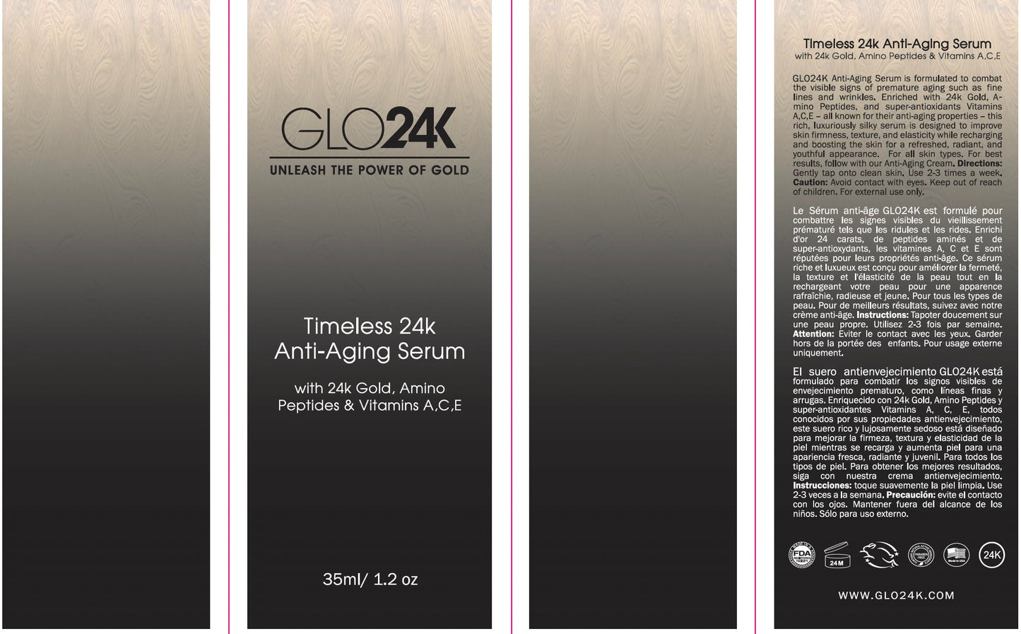GLO24K Timeless Serum with 24k Gold, Peptides, and Vitamins A,C,E. A Powerful formula to nourish and revitalize your skin.