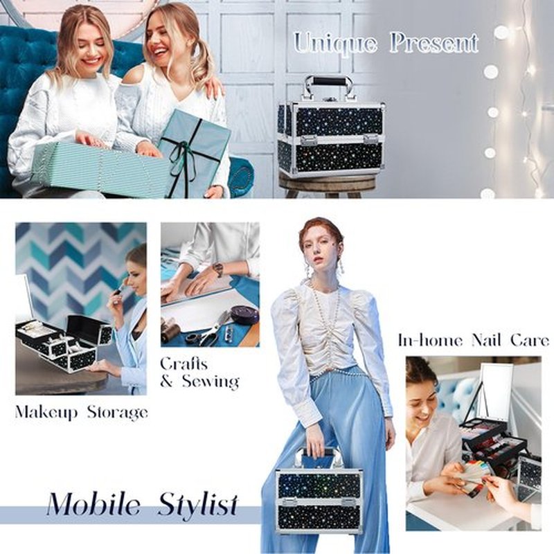 Joligrace Makeup Train Case Portable Cosmetic Box 2 Trays with Mirror Lockable for Makeup Nail Tech and Beauticians Traveling Makeup Storage Organizer - Black Star