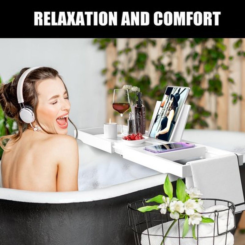 Premium Bathtub Caddy Tray,Expandable Bamboo Bath Tray for Tub,Foldable Minimalist Bathroom Accessories with Book Stand for Home Spa Relaxing,Unique House Warming Gifts,White