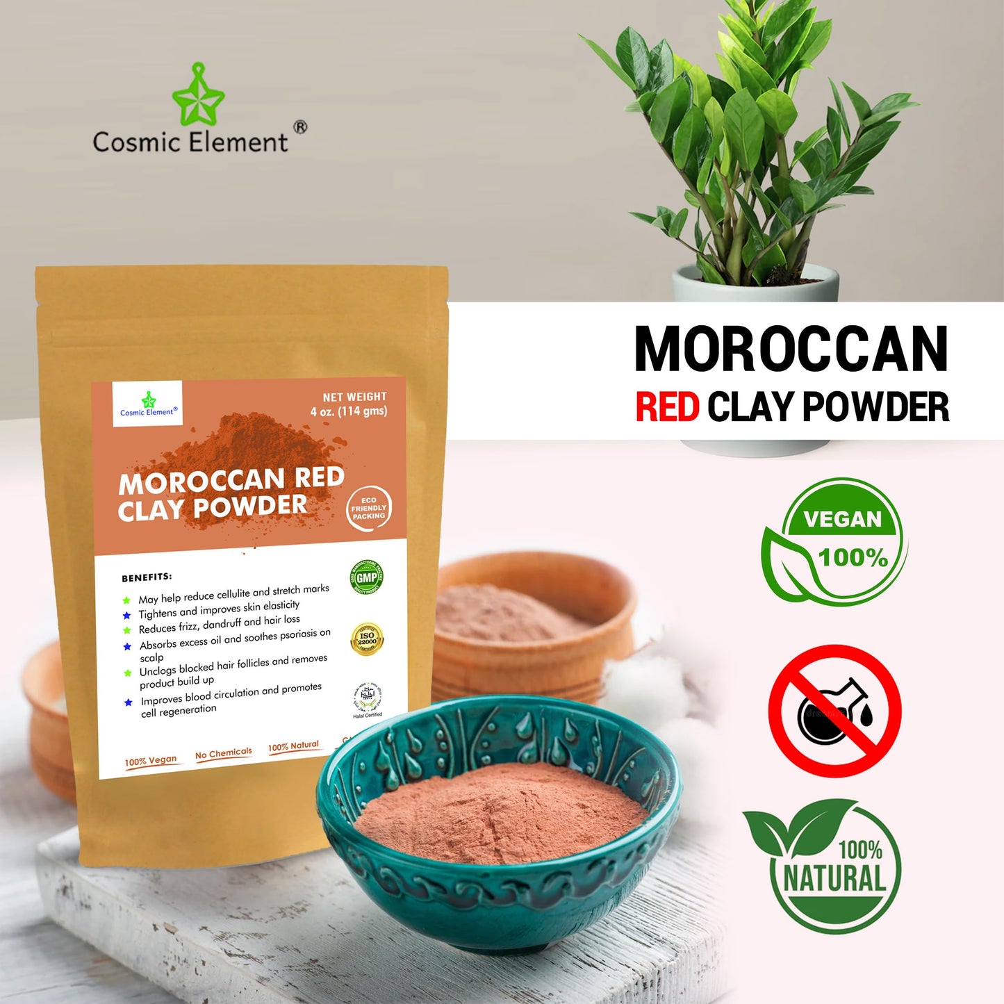 Cosmic Element Moroccan Red Clay Powder - Red Clay Powder for Skin | Suitable for Face, Body Wraps & Hair Care | Clay Mask for Face | Red Clay Masks, Wraps, Scrubs, Soaps, Bath Bombs & Detox – 4 oz