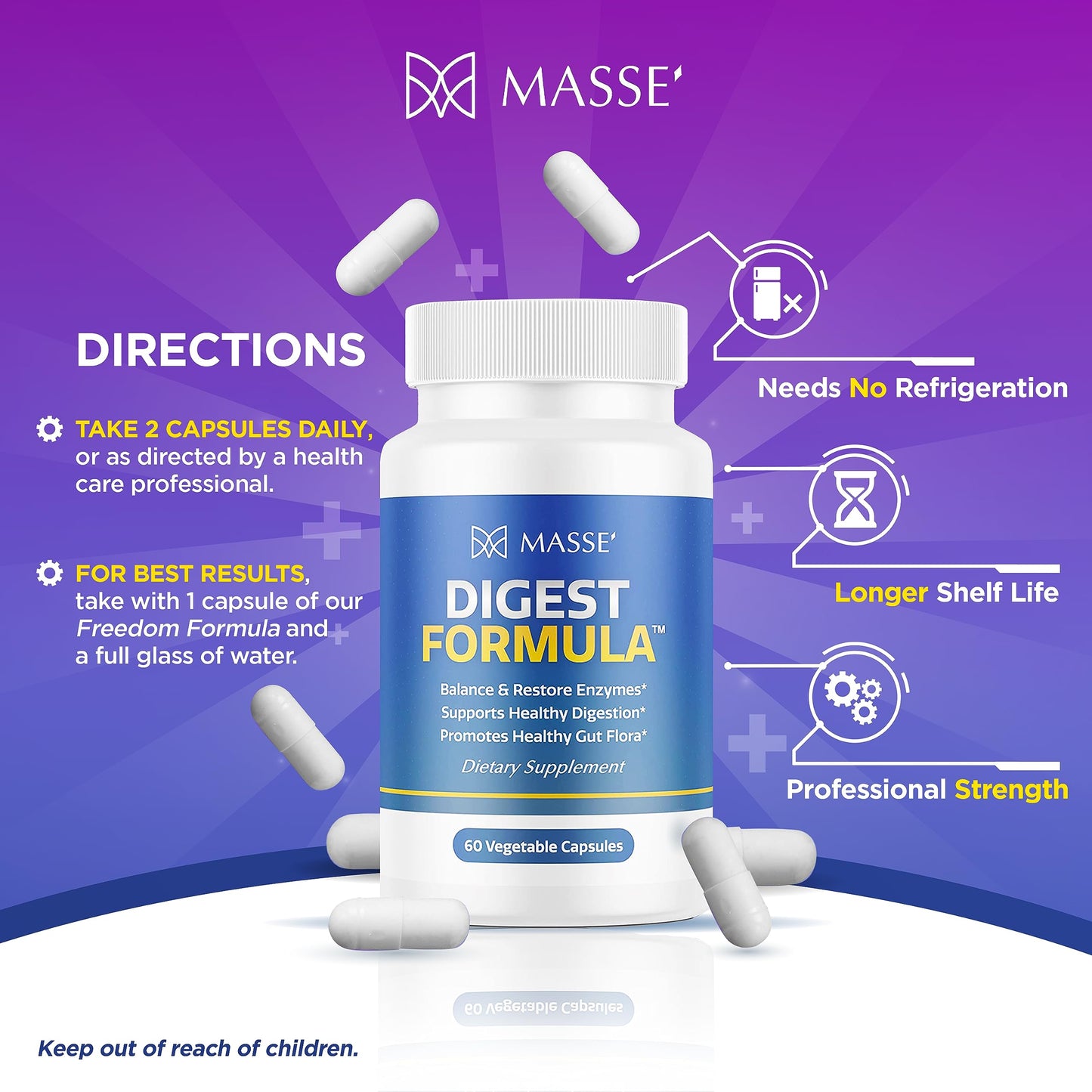 MASSE' Digest Formula Supplement Enzyme Boost Capsules - Advanced Formula for Digestive Health & Gut Flora Support - Natural Organic Enzyme Supplement for Digestive Care and Overgrowth- 60 Count