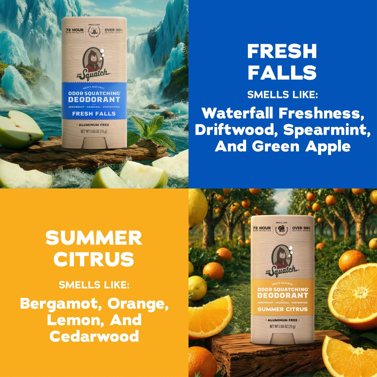 Dr. Squatch Natural Men’s Deodorant – Aluminum Free Natural Deodorant Men with Charcoal & Postbiotics for 72-Hour Odor Protection – Fresh Falls + Summer Citrus, 2.65oz Stick (2-Pack)