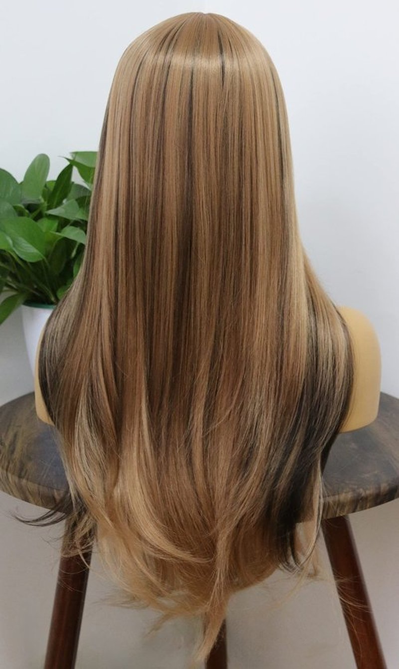 MSMYRNS Long Wavy Bang Wig Heat Resistant Synthetic Wig Light Auburn Blonde With Dark Brown Mixed Glueless None Lace Wig Fashion Fringe Unit Full Machine Made Scalp Wig