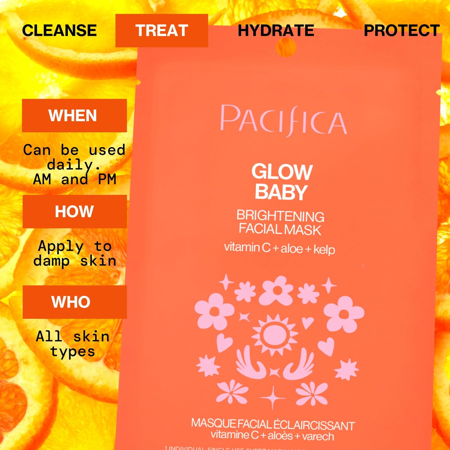 Pacifica Glow Baby Brightening Vitamin C Face Mask 4-Pack – Hydrating Serum-Soaked Sheet Mask for Glowing Skin, Fights Dullness & Dark Spots, Infused with Aloe & Kelp, 100% Vegan & Cruelty-Free