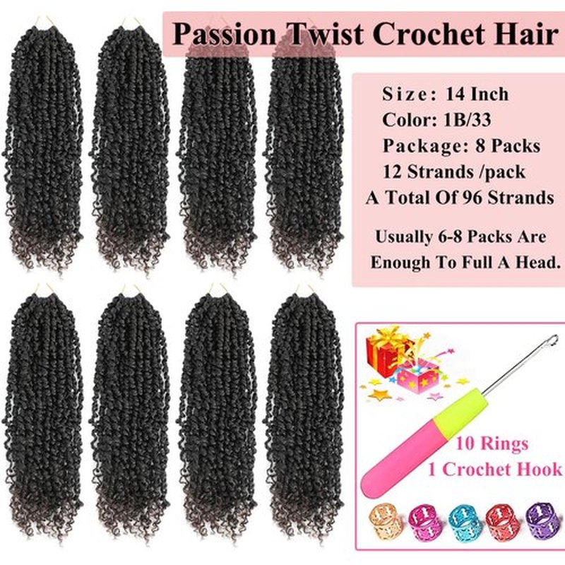 Alrence Passion Twist Crochet Hair 8 Packs Pre twisted Passion Twist Hair For Women Soft Bohe Pre-looped Crochet Braids (14 Inch (Pack of 8), 1B/33)