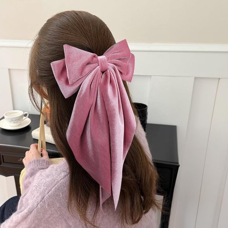 Beige Pink Velvet Ribbon Hair Bows with Long Tail for Women Girls Thick Hair Valentines Ponytail Holder Decor Accessory Everyday Big Bow-Knot French Hair Barrette Clips Clamp Stuff