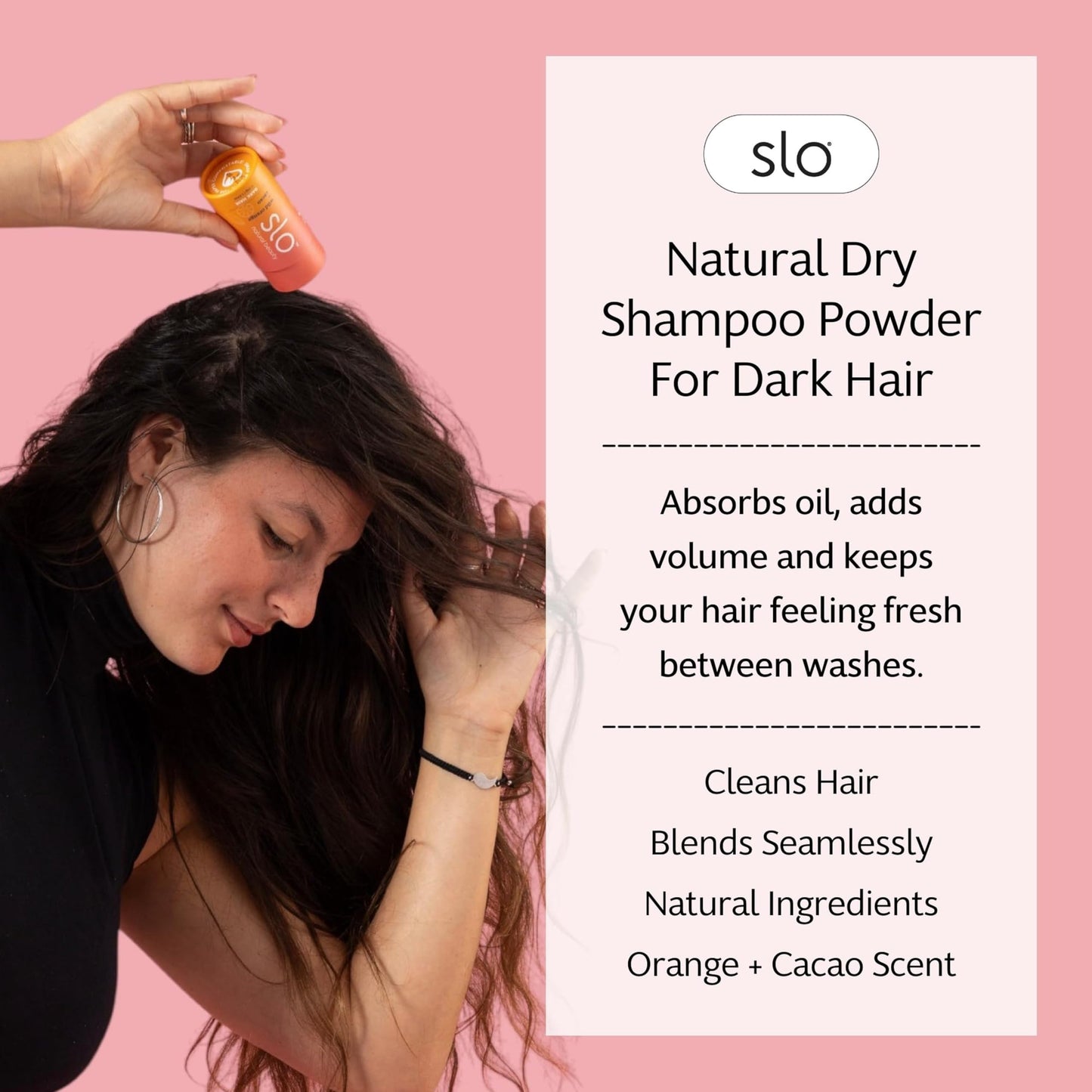 Slo Non Aerosol Dry Shampoo Powder for Dark Hair - Oil Absorbing Natural Dry Shampoo - No White Cast, Talc-Free, Vegan - Wild Orange + Cacao Scent - Compostable Paper Tube - (1.23oz/35g)