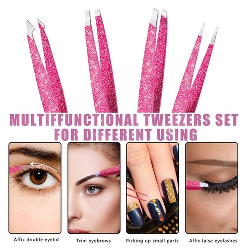 Amytor Eyebrow Tweezer Set, 4 Pcs Professional Stainless Steel Tweezers for Women, Precision Tweezer for Facial Hair, Splinter and Ingrown Hair Removal（Rose Red）