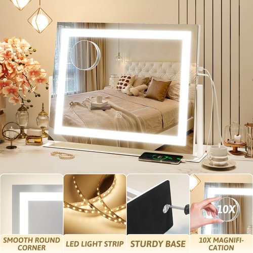 ROLOVE Vanity Mirror with Lights 22"x18", Lighted Makeup Mirror with 10X Magnification, Smart Touch 3 Colors Dimmable, 360° Rotation, White