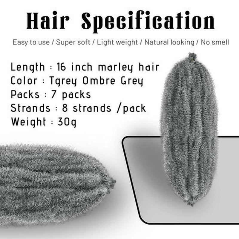 Marley Hair 16 Inch 7 Packs Pre Separated Springy Afro Twist Hair Mixed Grey Marley Twist Braiding Hair Pre Fluffed Spring Twist Hair Synthetic Curly Braiding Hair Extensions for Women (16 Inch,Mgray)