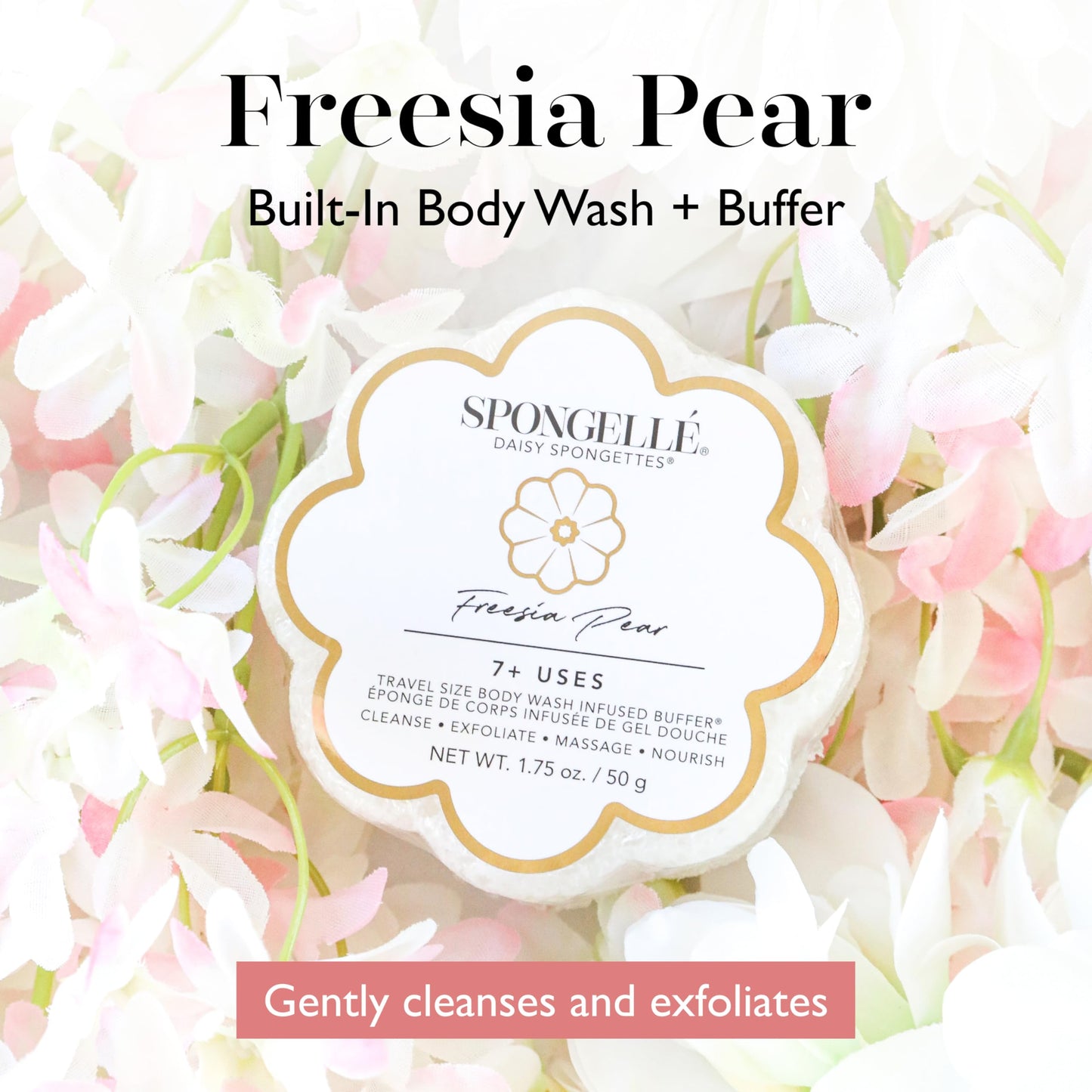 Spongellé Freesia Pear Daisy Spongette Bath Sponge | Built-in Body Wash & Body Scrubber, Shower Loofah Sponge for Women, Travel Essentials | 7+ uses