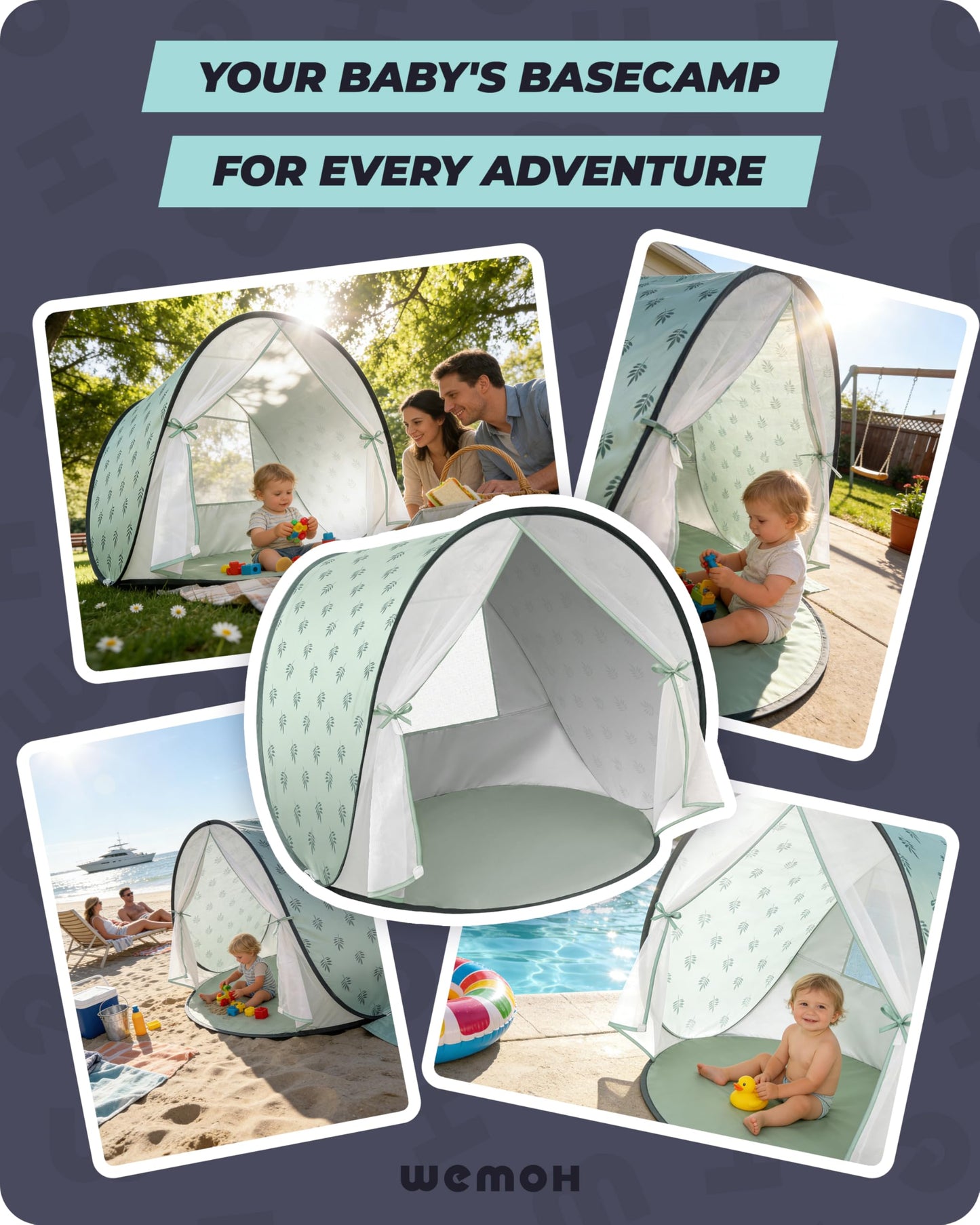 WEMOH Baby Beach Tent, 2026 Upgrade Pop-Up UPF 50+ Sun Protection with Mosquito Net Shelter Canopy Portable Outdoor Shade Summer Essentials for Babies Toddlers- Green Leaves