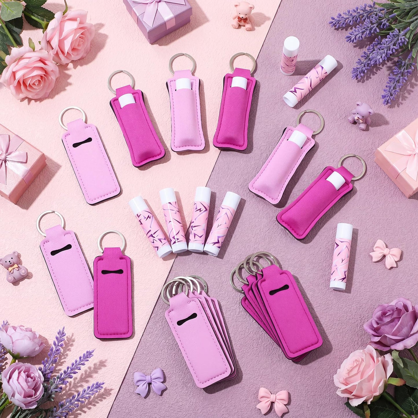 Sacubee 48 Pcs K Pop Themed Lip Balms Party Favors Bulk Neon Purple Girl Power Design Lipstick with Holder Keychains K Pop Theme Party Favor Goodie Perfect for Birthday Parties and Friend Gatherings