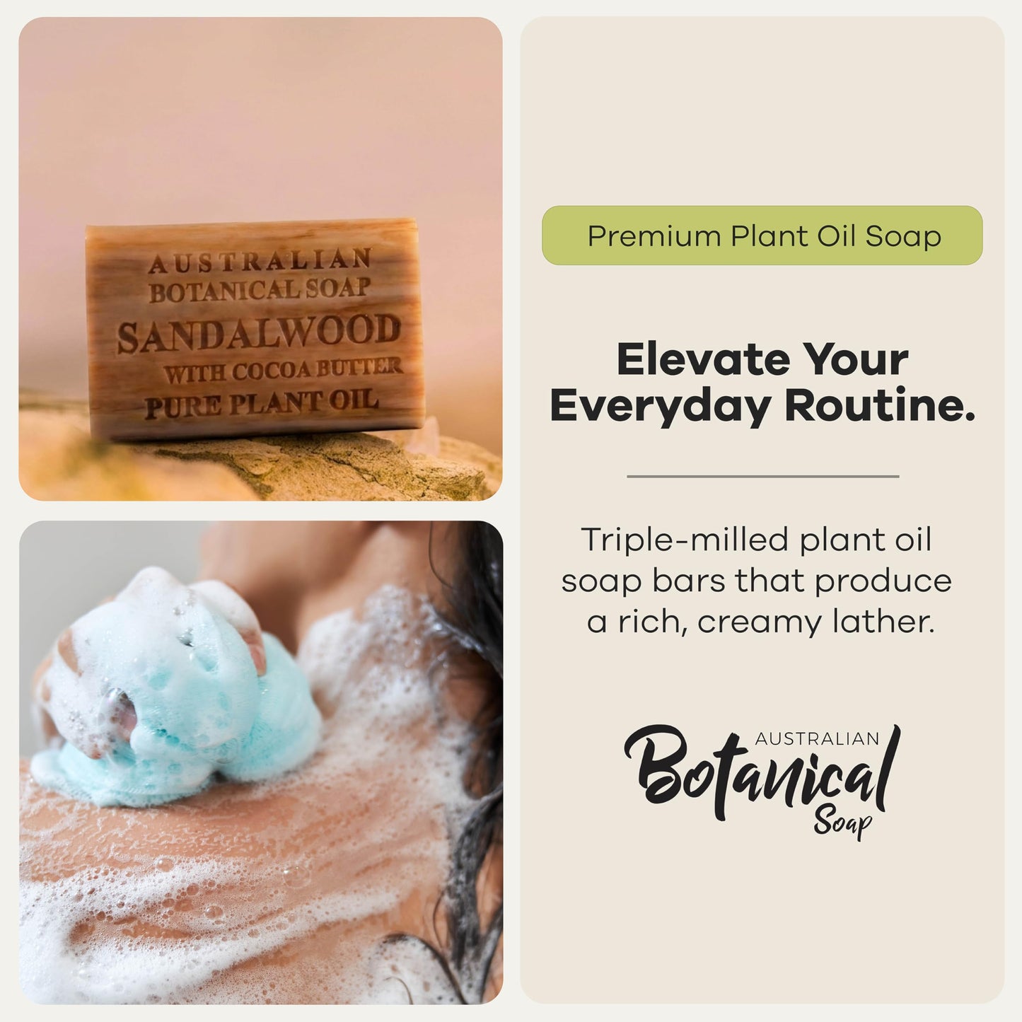 Australian Botanical Soap, Sandalwood and Cocoa Butter, 6.6 OZ, Triple Milled Bars Made with a Natural Soap Base and Enriched with Organic Shea Butter, Pack of 8