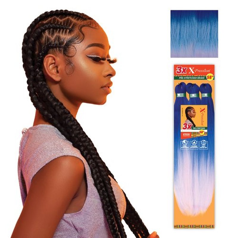 Sensationnel Xpression prestretched braiding hair - 3x xpression 58inch kanekalon fiber flame retardant smooth yaki braid - 3x x-pression 58 inch (4 pack, 3TBLUE/LBLUE/LAVENDER)