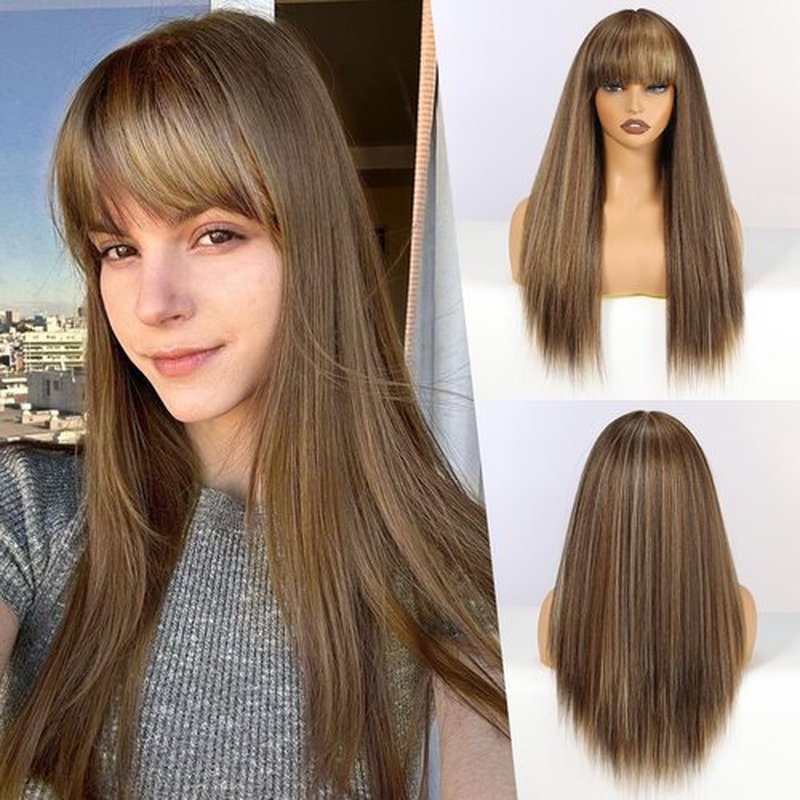 EMMOR Long Straight Yaki Wigs for Women with Bangs Comfortable Elastic Band 26 Inch Heat-resistant Synthetic Fibers(Mixed Brown)
