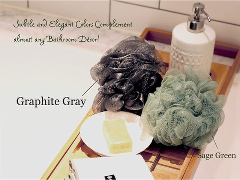 myHomeBody Large 70g Loofah Sponge, Bath Body Scrubber for Women, Men, Exfoliating Shower Pouf with Activated Charcoal - 2 Graphite Gray + 1 Sage Green, 3 Pack