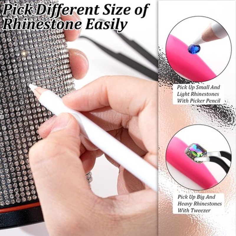 Rhinestones Picker Pencil for Nail Art Gem Crystal Pick up Tool 7-inch Rhinestone Pickup Pen 20Pcs with Pencil Sharpener 3Pcs + Tweezers 2Pcs