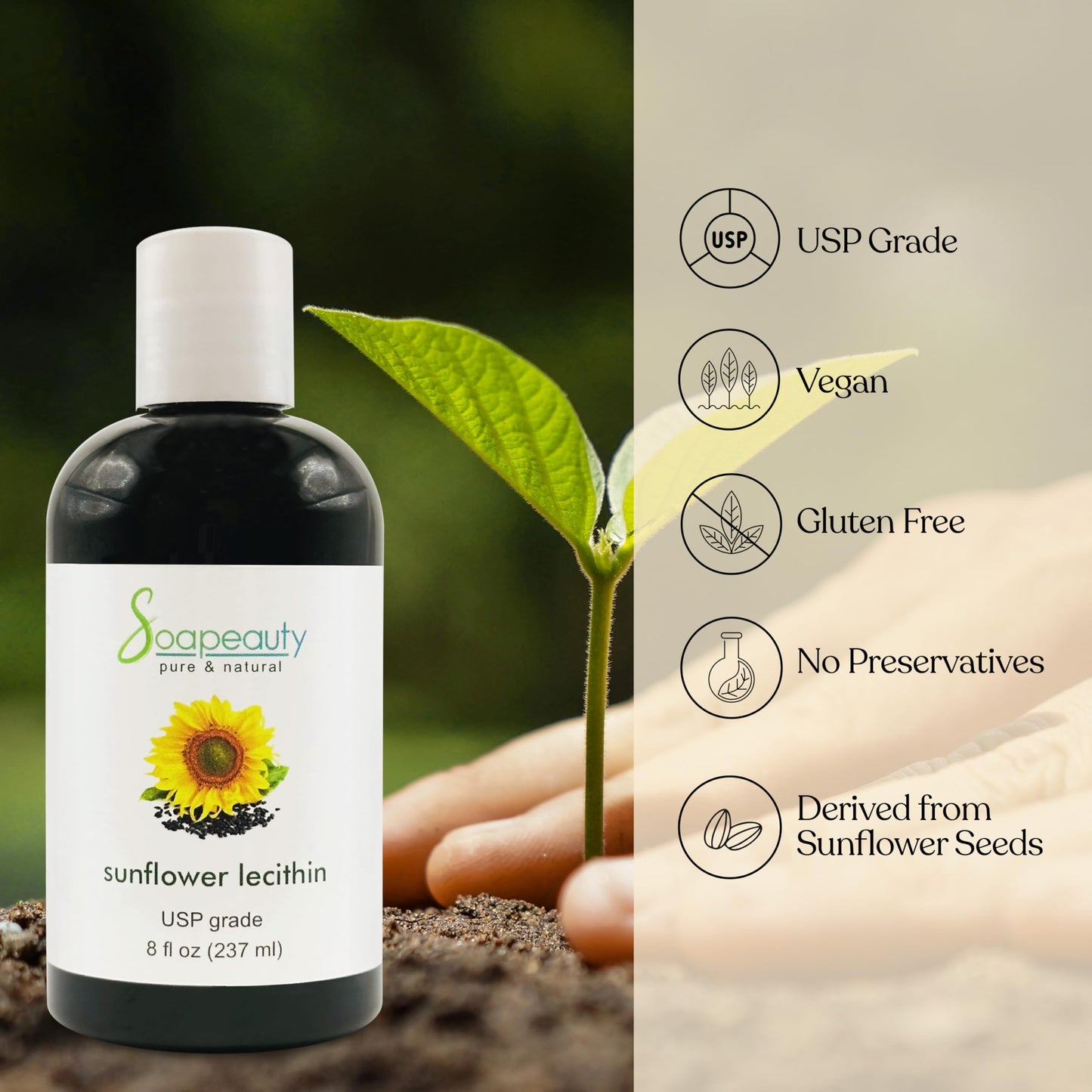 SUNFLOWER LECITHIN Liquid Oil | Cold Pressed Unrefined | USP Grade Unbleached 100% Pure Natural Sunflower Lecithin Oil | Skin Moisturizer, Soap Making, Lotion | 8 fl oz