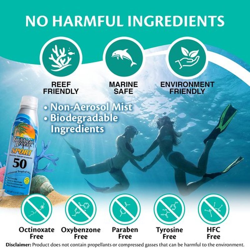 Caribbean Breeze Continuous Tropical Mist SPF 50 Sunscreen Spray Sport, Reef Safe Sunscreen Spray, Up to 80 Minutes Water Resistant Spray, 5.5 Ounces