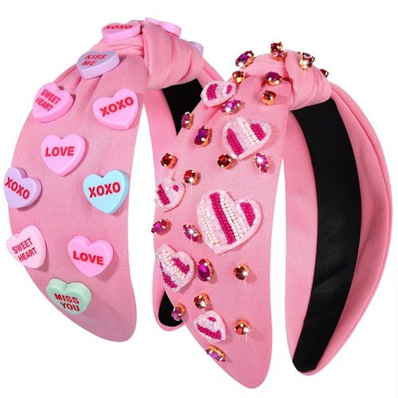 2PCS Valentine's Day Headband for Women Holiday Accessories Decorations Beaded Heart XOXO Candy Crystal Knotted Headband Valentines Festive Headwear Party Gifts (Valentines A)