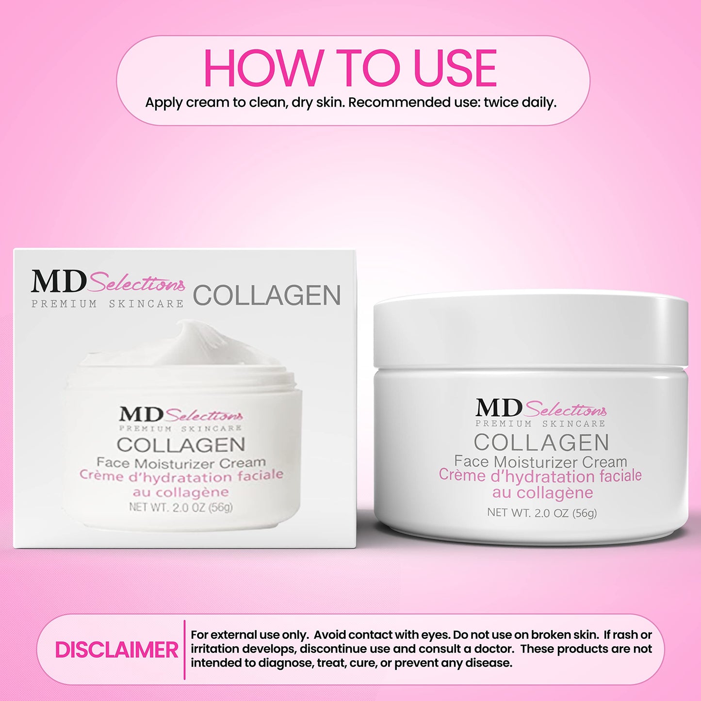 MD Selections Collagen Facial Cream, Face Moisturizer Cream for Dry Skin Vegan Anti Aging Crème d' hydratation faciale au collagène, Collagen Face Cream, 2 fl oz