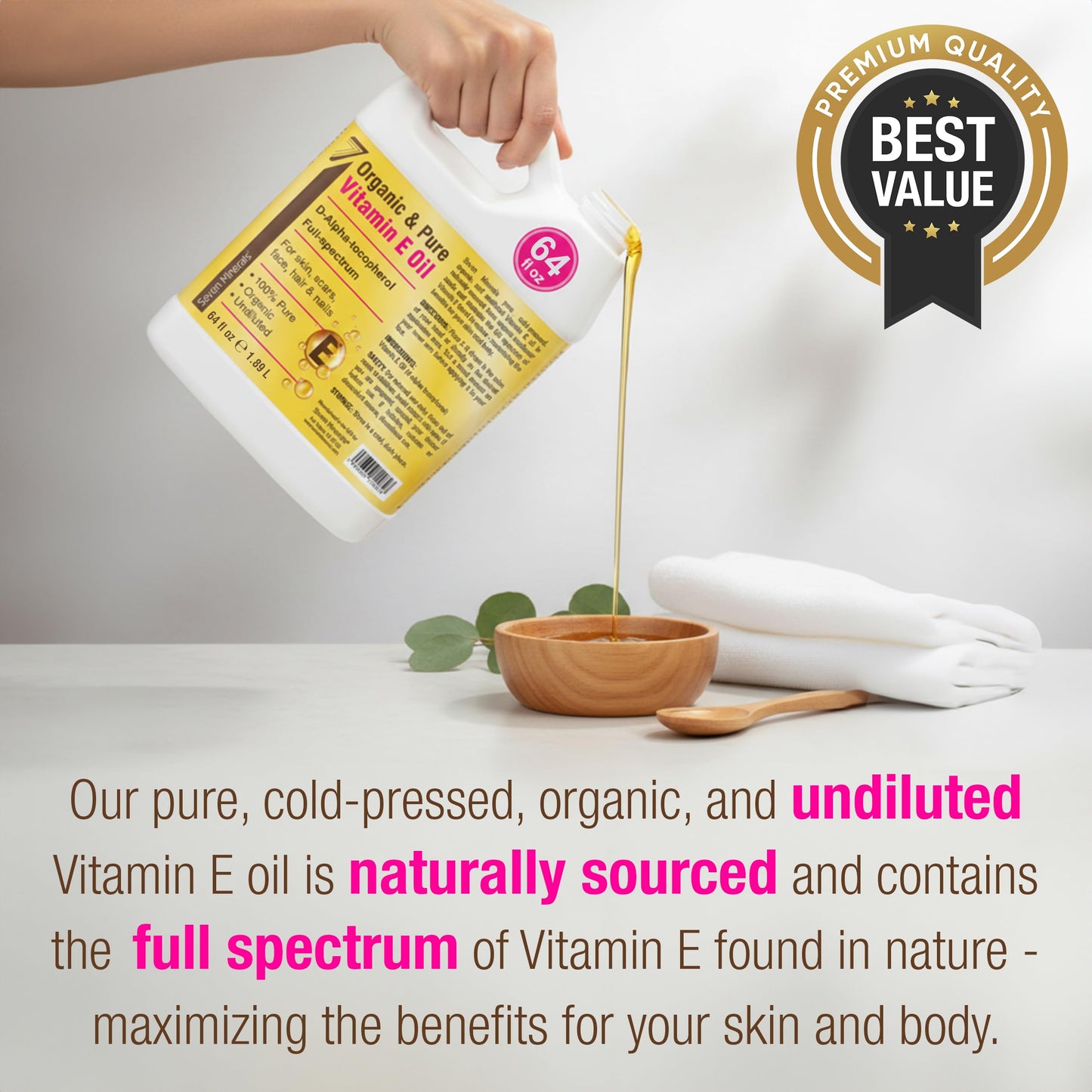 Seven Minerals Ultra Pure Vitamin E Oil - Full-Spectrum D-Alpha Tocopherol,100% Organic Vitamin E Oil for Skin, Face, Hair, and Scars - Naturally Occurring = Not Synthetic - 64 fl oz (Half-Gallon) Jug