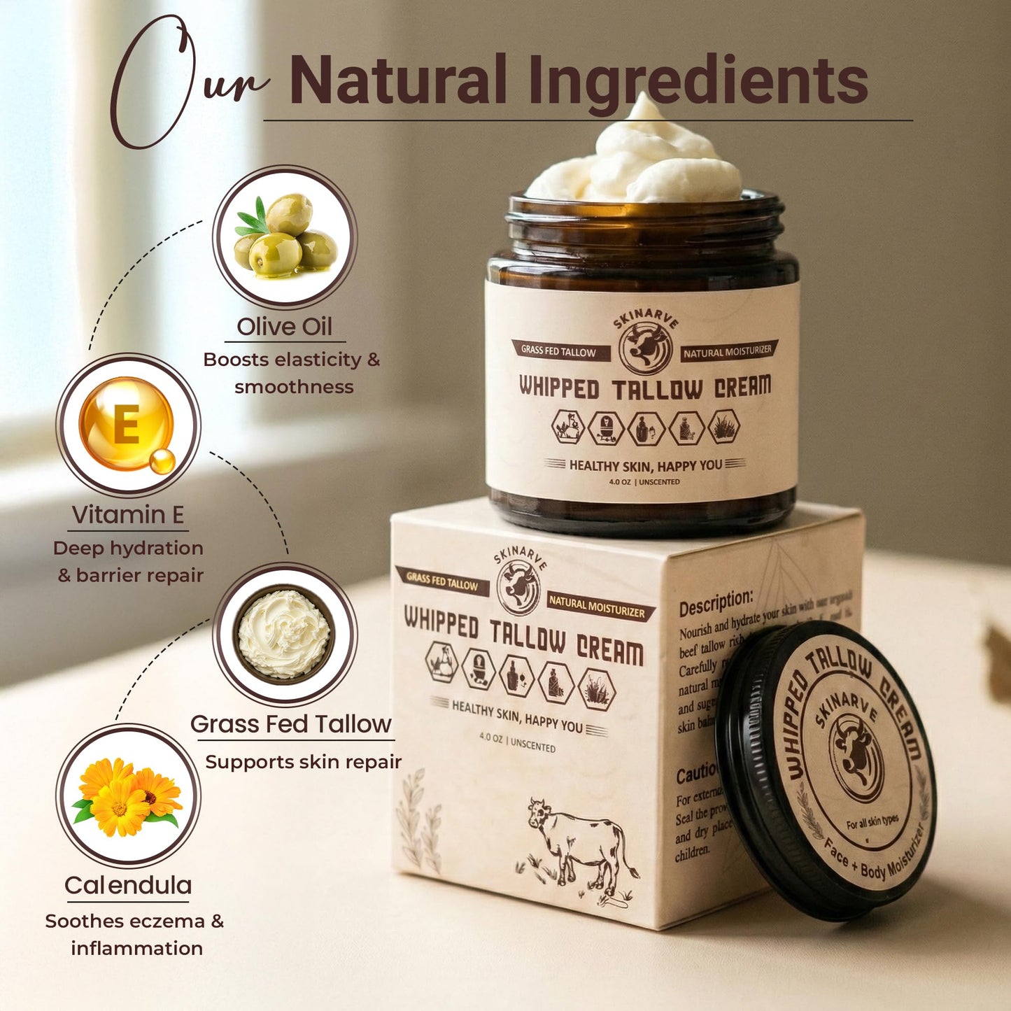 Beef Tallow for Skin 4oz Cream – Organic Whipped Tallow and Honey Balm, 100% Grass Fed Beef Tallow for Face, Natural Tallow Moisturizer Dry Skin, Tallow Balm Body Butter Eczema Lip Balm Unscented