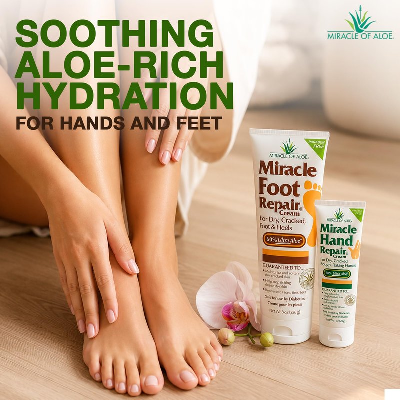 Miracle Foot Repair Cream, 8 oz + 1 oz Miracle Hand Repair, Healing Aloe Vera Lotions for Dry, Cracked Hands and Feet (8 oz Foot Cream + 1 oz Hand Cream)